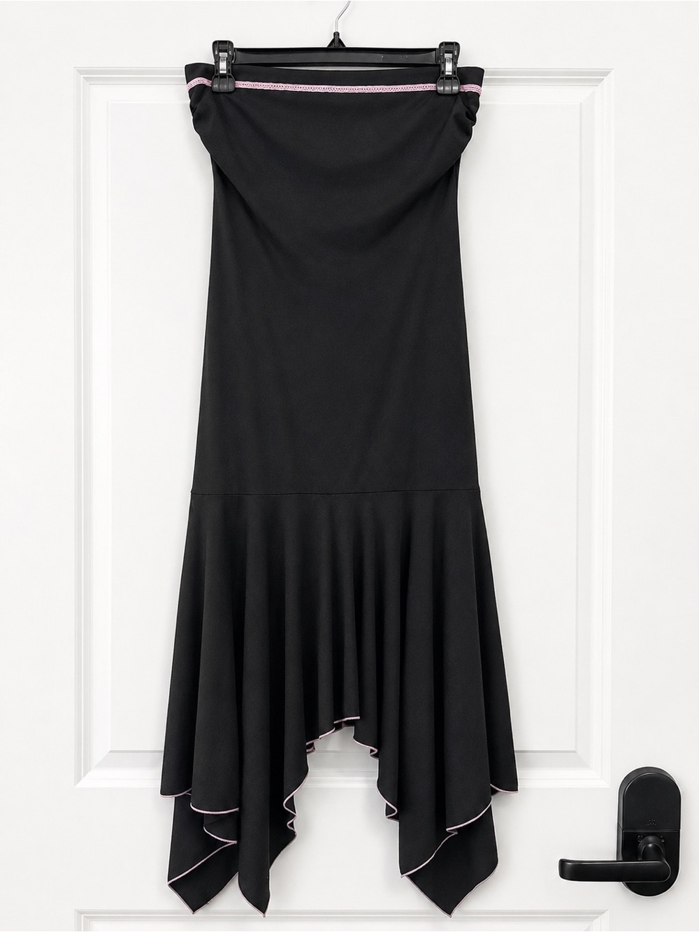 Strapless Black Asymmetrical Hem Dress with Pink Trim